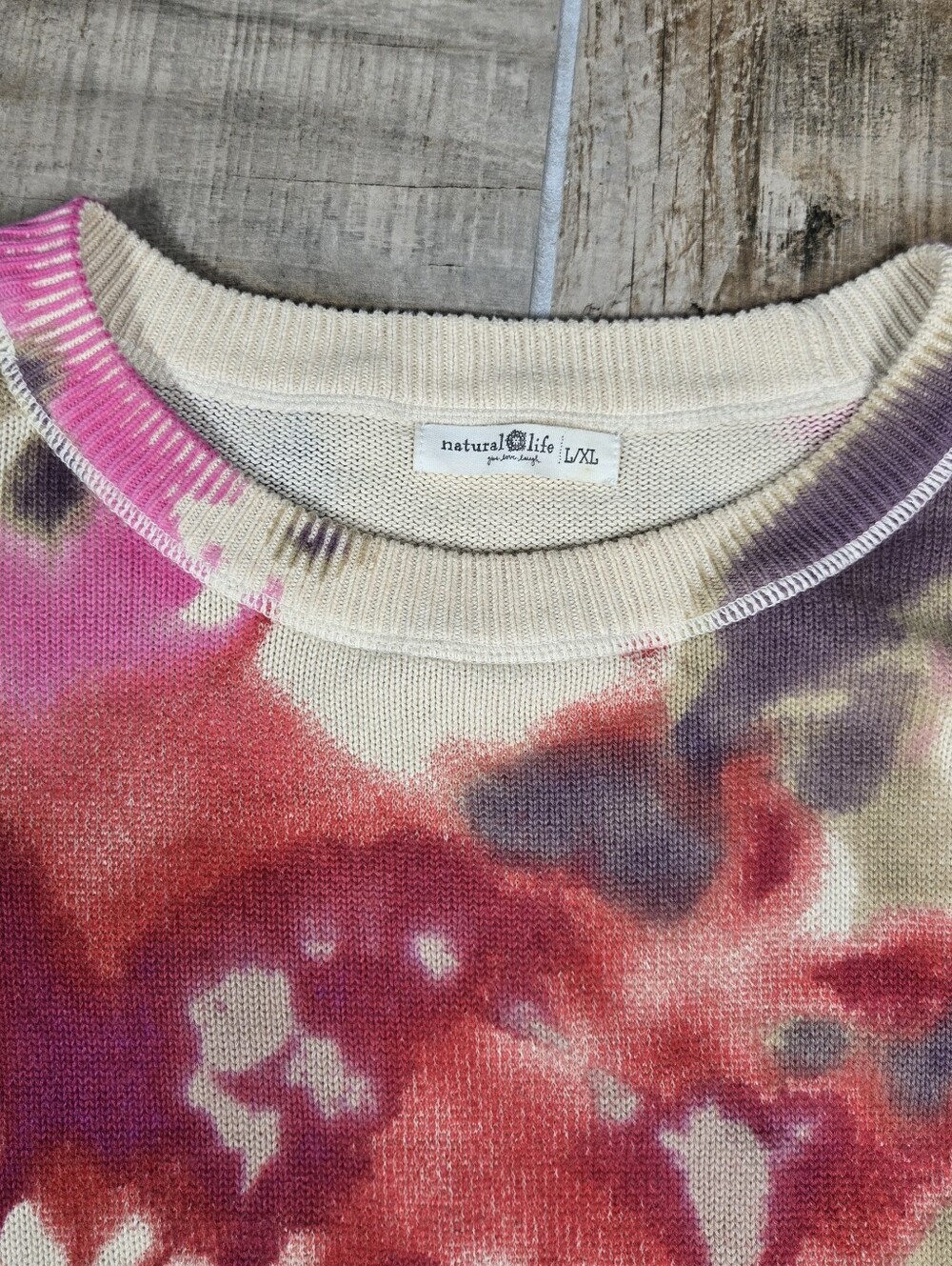 Natural Life Tie Dye Top L / XL Oversize Slouchy Sweatshirt Red Fuschia Cream - Picture 5 of 16